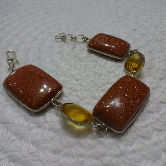 Sparkling GOLD SUNSTONE & CITRINE Handmade Sterling 925 Bracelet #704C - Picture 1 of 3